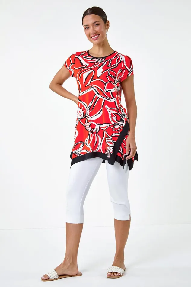 Orange Floral Contrast Stretch Hanky Hem Top Women Roman Tops