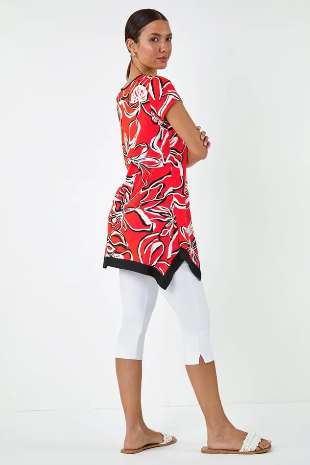 Orange Floral Contrast Stretch Hanky Hem Top Women Roman Tops