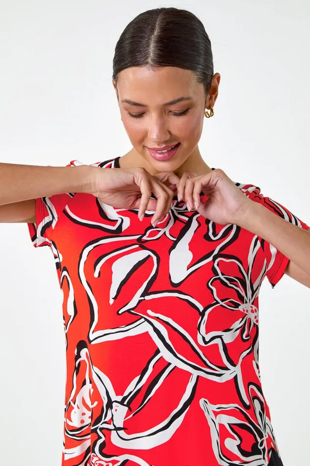 Orange Floral Contrast Stretch Hanky Hem Top Women Roman Tops