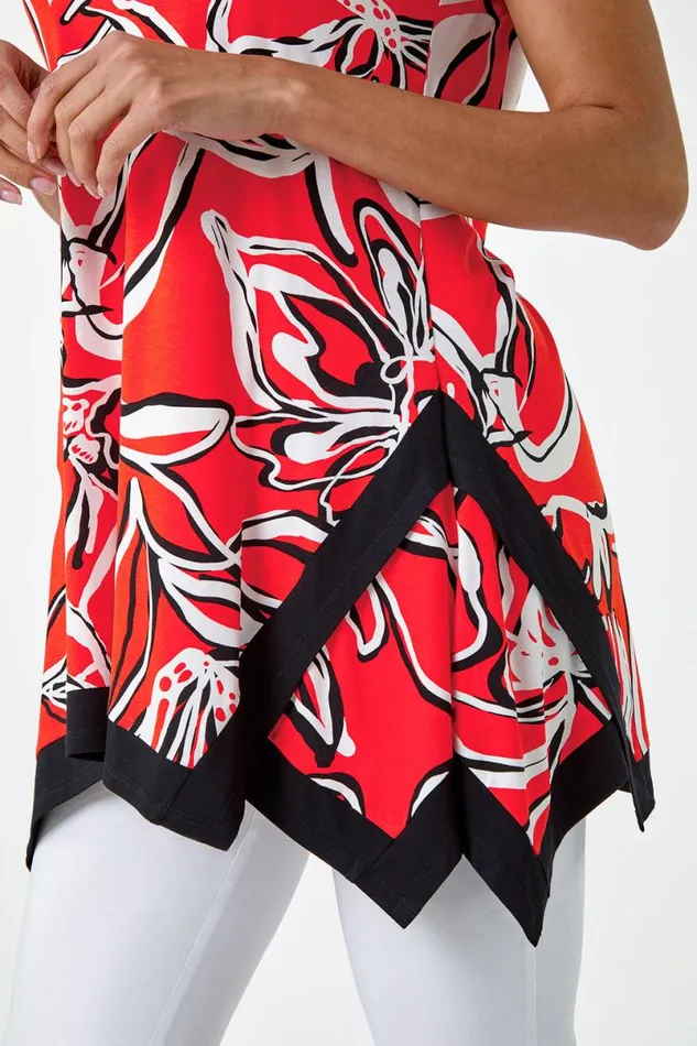 Orange Floral Contrast Stretch Hanky Hem Top Women Roman Tops
