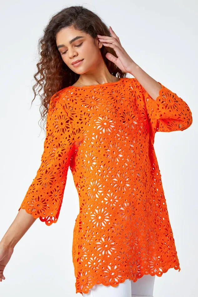 Orange Floral Cotton Crochet Top Women Roman Tops