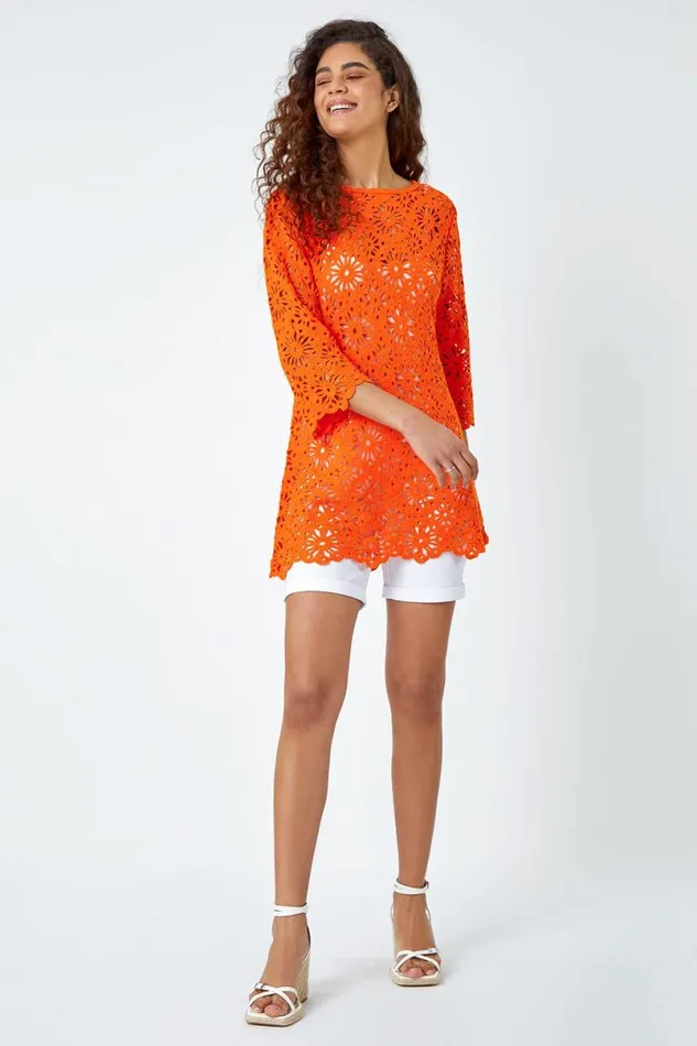 Orange Floral Cotton Crochet Top Women Roman Tops
