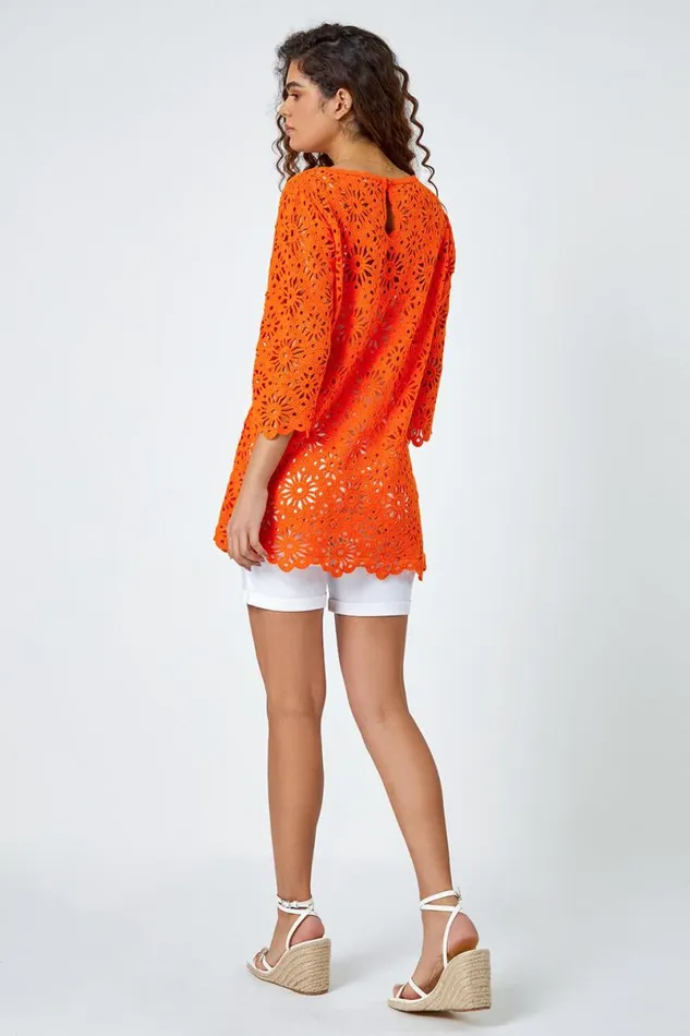Orange Floral Cotton Crochet Top Women Roman Tops