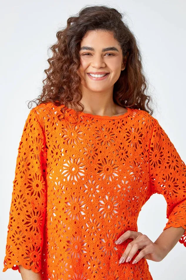 Orange Floral Cotton Crochet Top Women Roman Tops