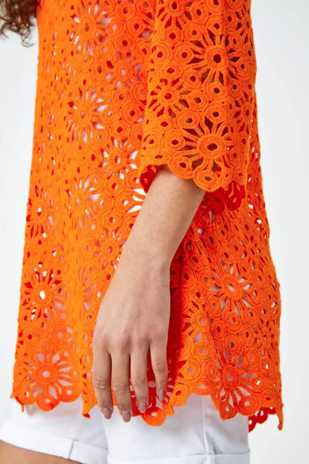 Orange Floral Cotton Crochet Top Women Roman Tops