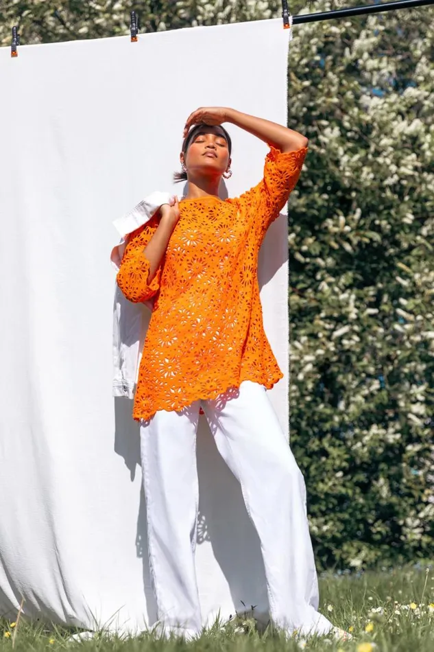 Orange Floral Cotton Crochet Top Women Roman Tops
