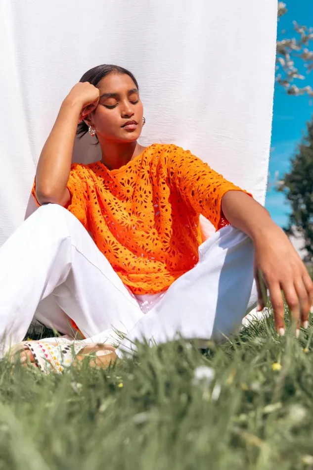 Orange Floral Cotton Crochet Top Women Roman Tops