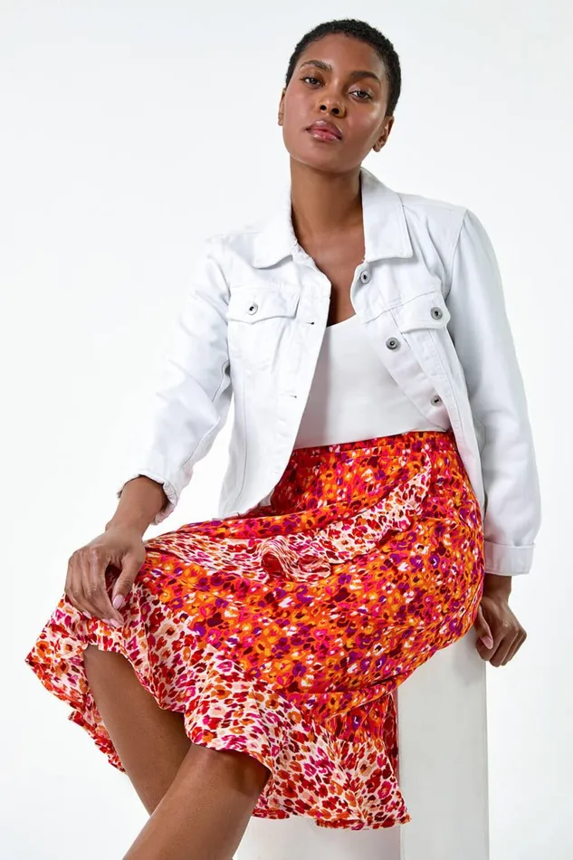 Orange Mixed Animal Print Frill Wrap Skirt Women Roman Skirts
