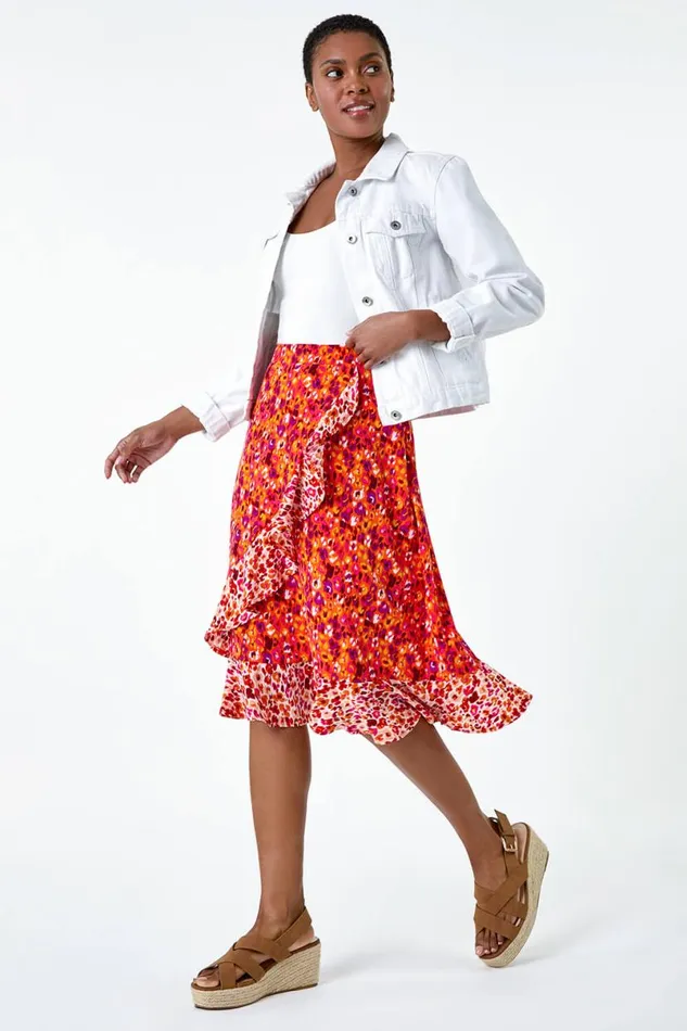 Orange Mixed Animal Print Frill Wrap Skirt Women Roman Skirts