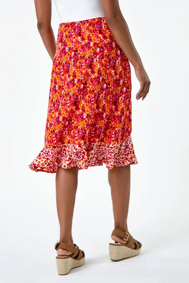 Orange Mixed Animal Print Frill Wrap Skirt Women Roman Skirts