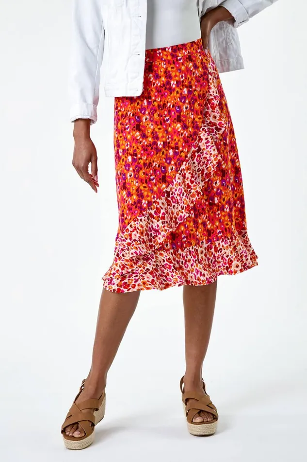 Orange Mixed Animal Print Frill Wrap Skirt Women Roman Skirts