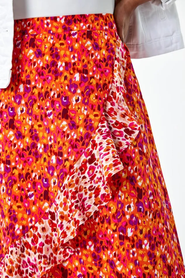 Orange Mixed Animal Print Frill Wrap Skirt Women Roman Skirts