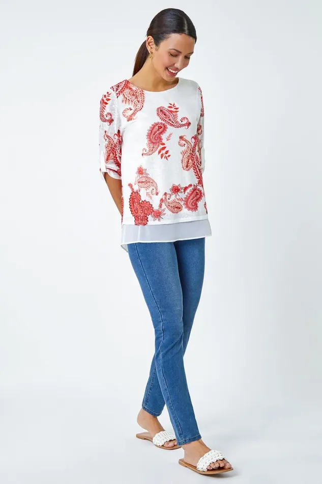 Orange Paisley Print Double Layer Top Women Roman Tops