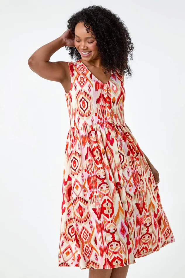 Orange Petite Aztec Button Stretch Midi Dress Women Roman Dresses