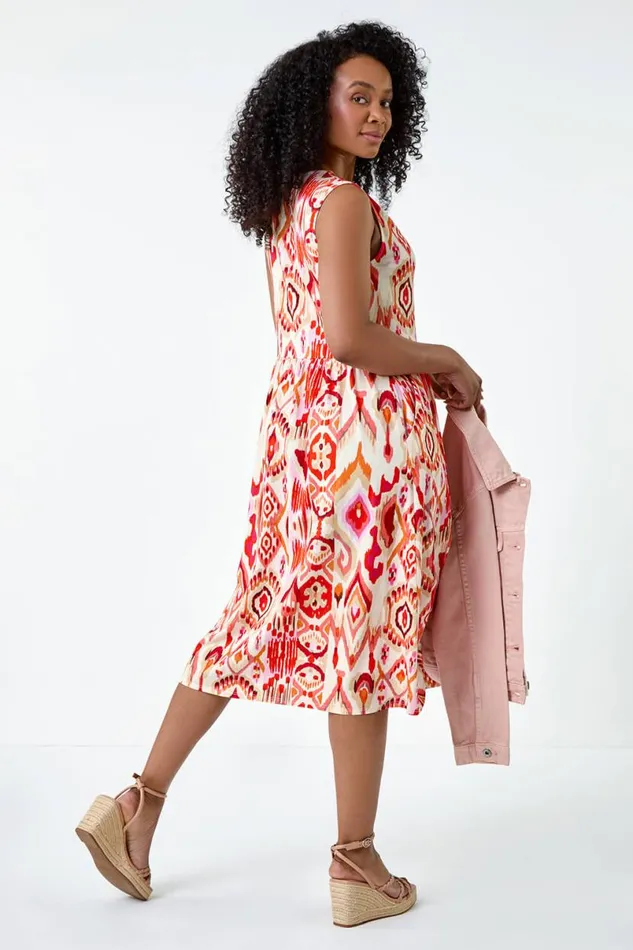 Orange Petite Aztec Button Stretch Midi Dress Women Roman Dresses