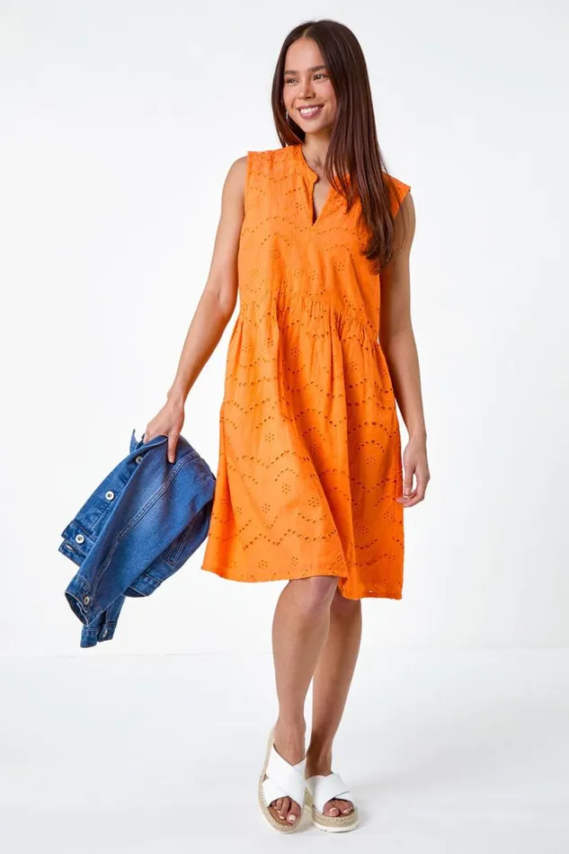 Orange Petite Broderie Cotton Dress Women Roman Dresses