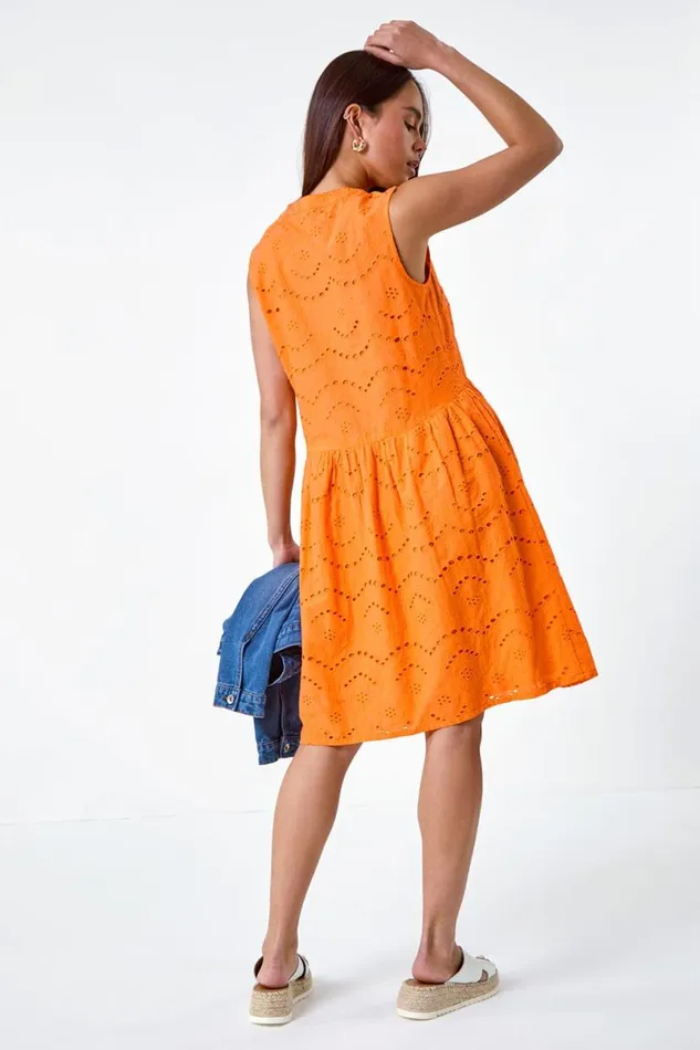Orange Petite Broderie Cotton Dress Women Roman Dresses