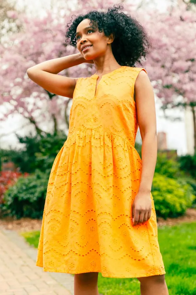 Orange Petite Broderie Cotton Dress Women Roman Dresses