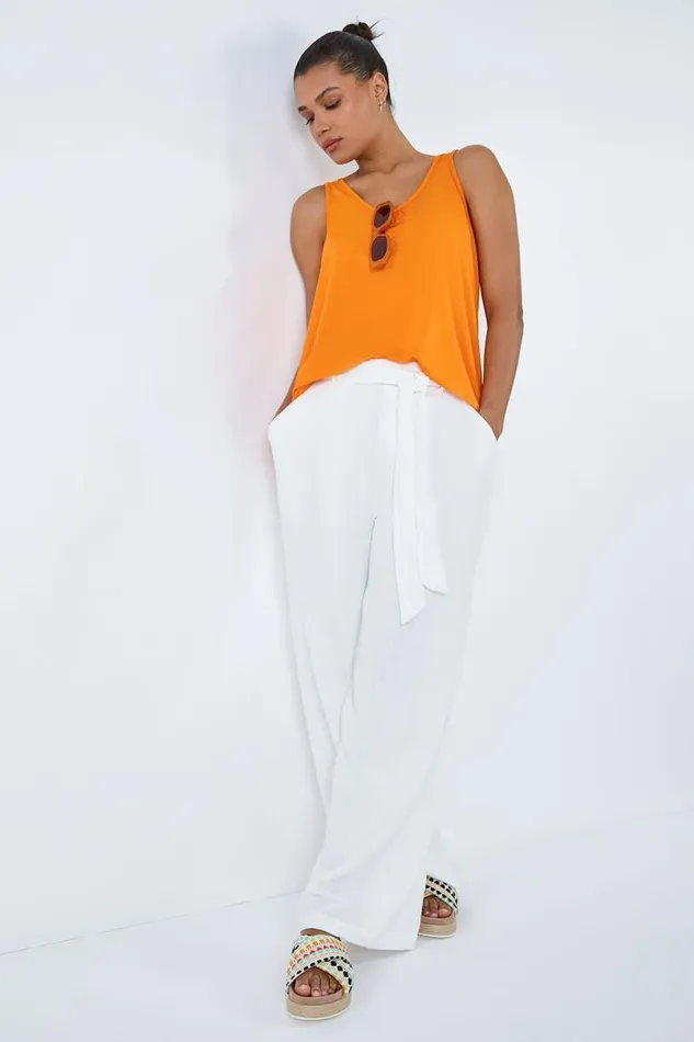 Orange Plain VNeck Stretch Jersey Vest Top Women Roman Tops