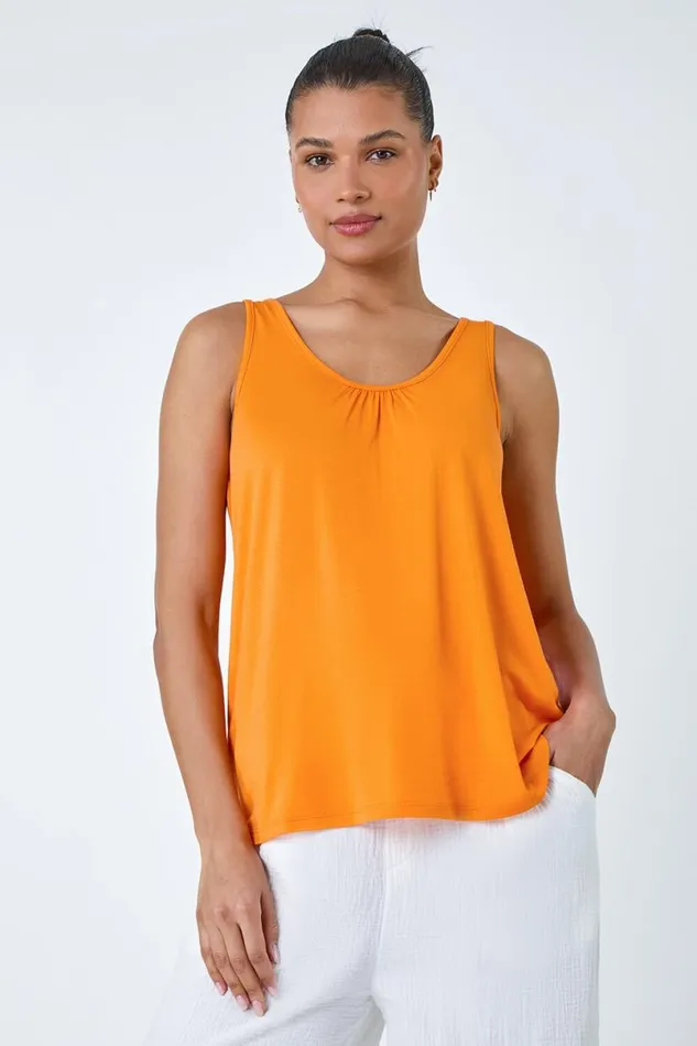 Orange Plain VNeck Stretch Jersey Vest Top Women Roman Tops