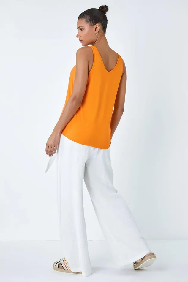 Orange Plain VNeck Stretch Jersey Vest Top Women Roman Tops