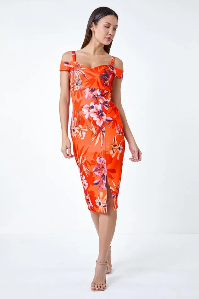 Orange Premium Stretch Floral Cold Shoulder Dress Women Roman Dresses