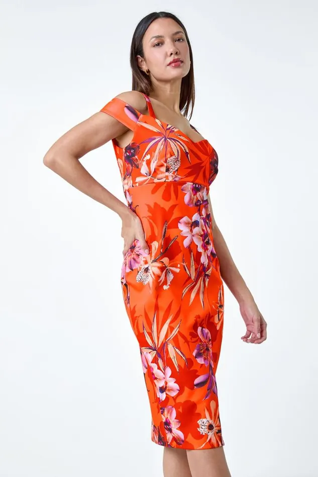 Orange Premium Stretch Floral Cold Shoulder Dress Women Roman Dresses