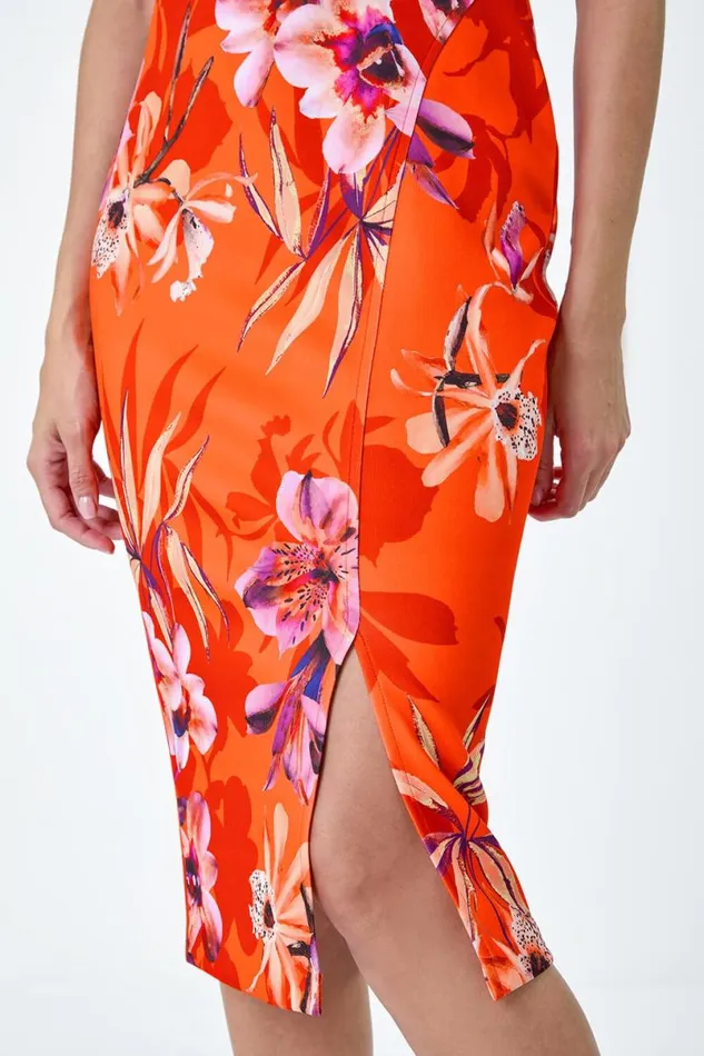 Orange Premium Stretch Floral Cold Shoulder Dress Women Roman Dresses