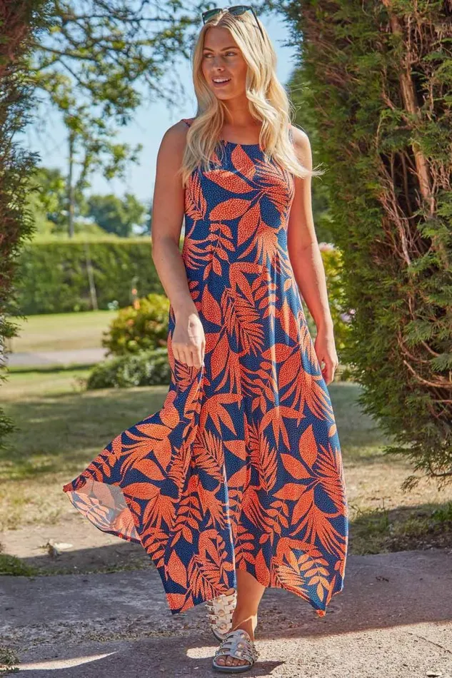 Orange Tropical Hanky Hem Midi Dress Women Roman Dresses