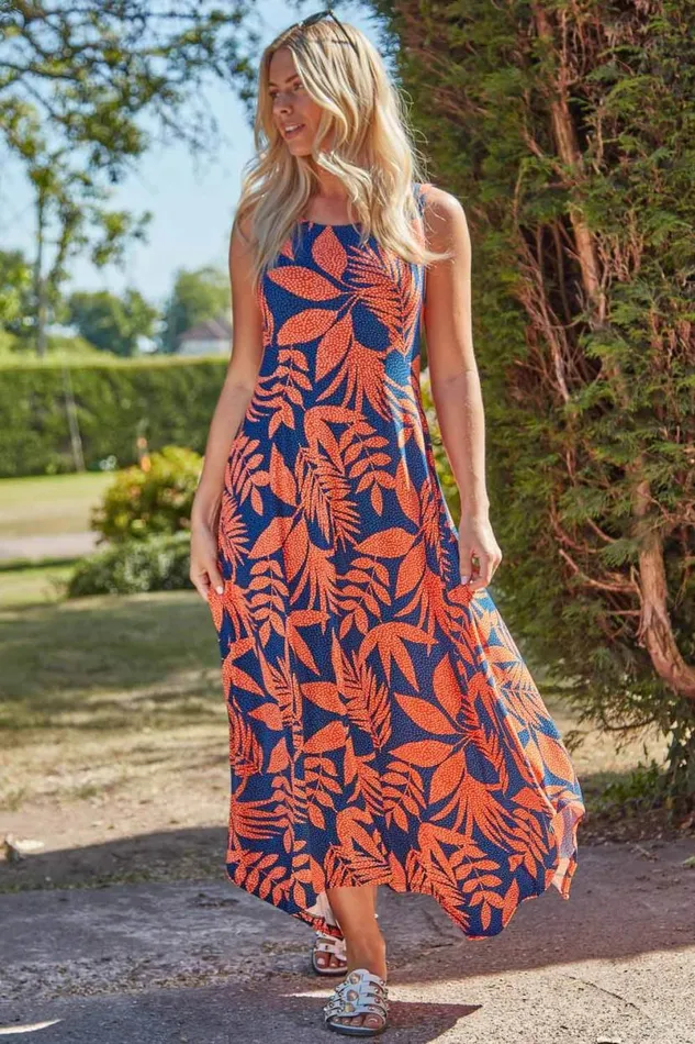 Orange Tropical Hanky Hem Midi Dress Women Roman Dresses