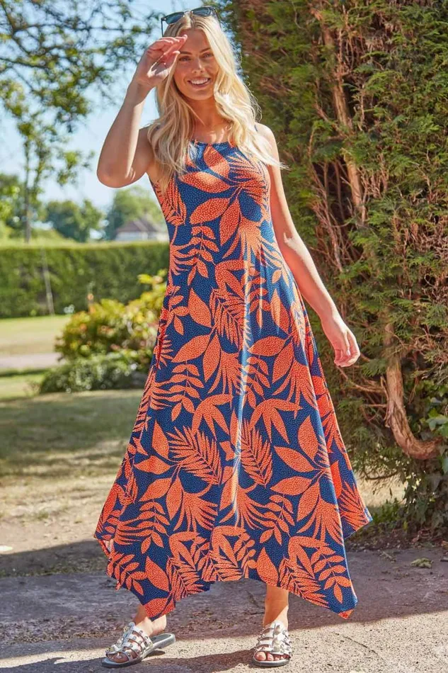 Orange Tropical Hanky Hem Midi Dress Women Roman Dresses