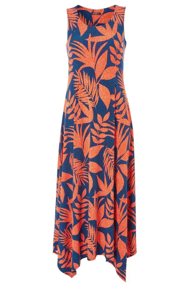 Orange Tropical Hanky Hem Midi Dress Women Roman Dresses