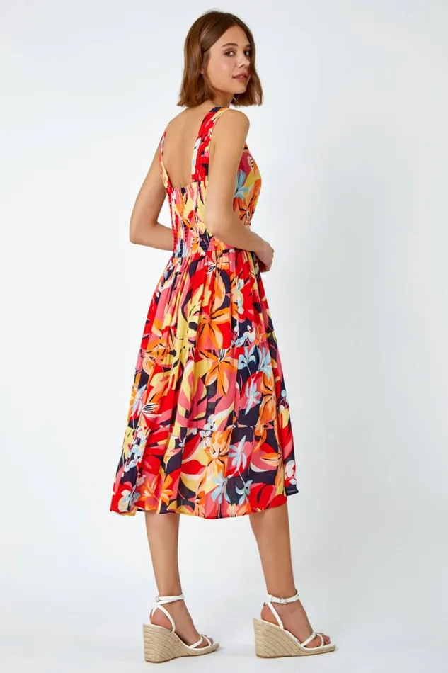 Orange Tropical Shirred Stretch Midi Dress Women Roman Dresses