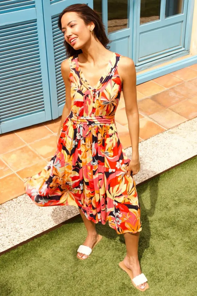 Orange Tropical Shirred Stretch Midi Dress Women Roman Dresses