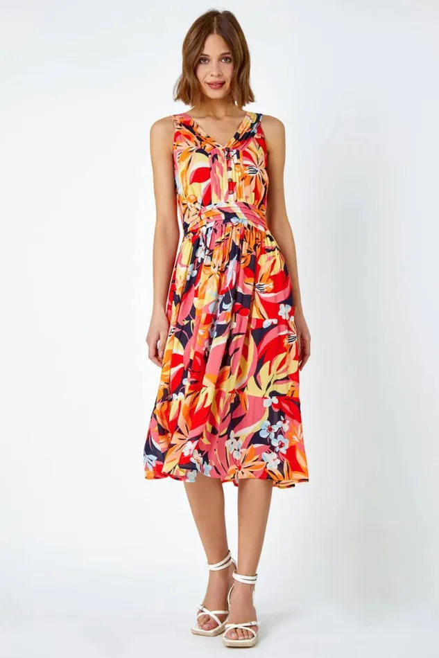 Orange Tropical Shirred Stretch Midi Dress Women Roman Dresses