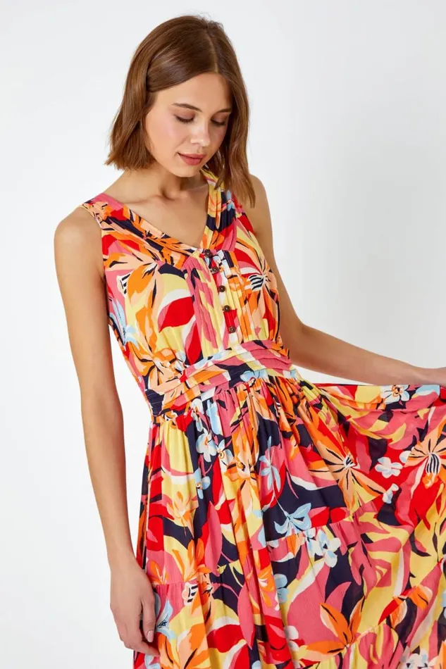 Orange Tropical Shirred Stretch Midi Dress Women Roman Dresses