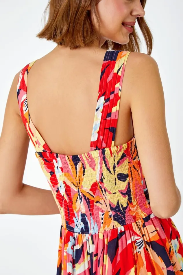 Orange Tropical Shirred Stretch Midi Dress Women Roman Dresses