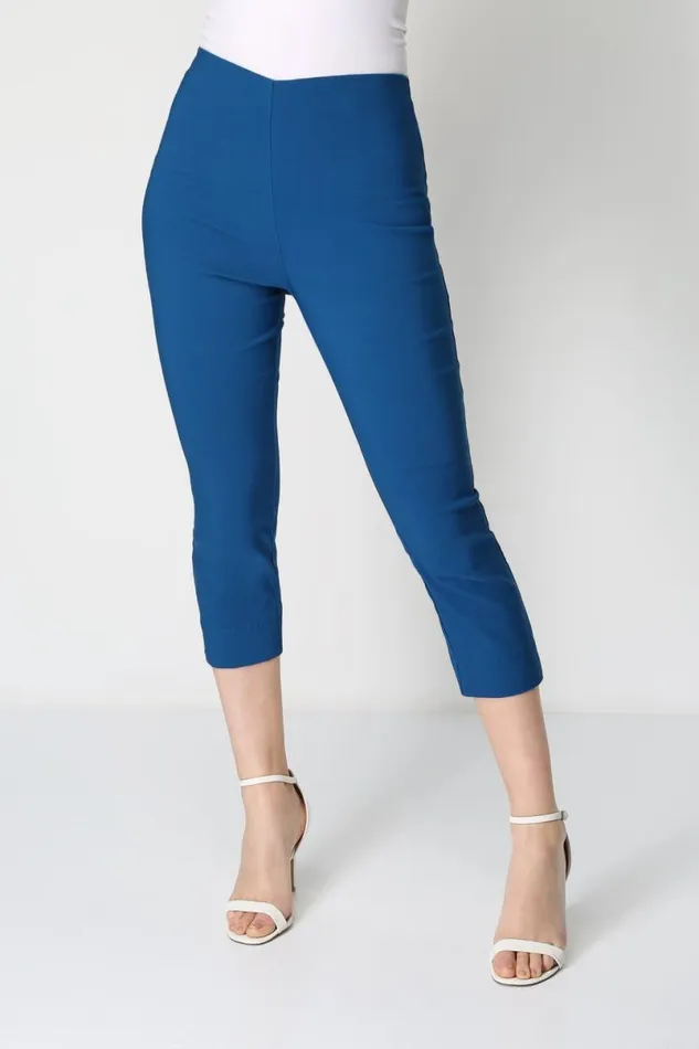 Petrol Blue Elastic Waist Stretch Cropped Trousers Women Roman Coords