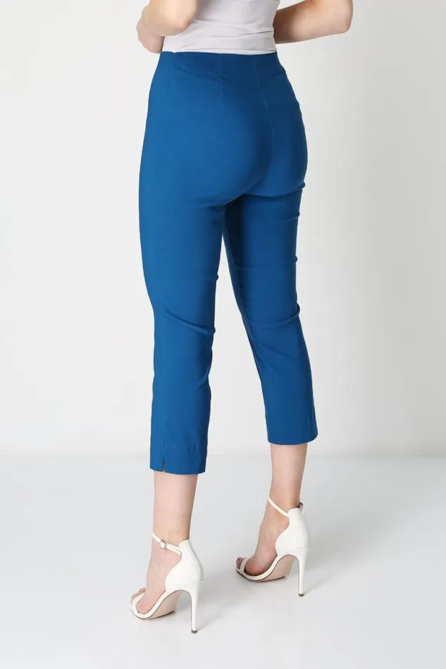 Petrol Blue Elastic Waist Stretch Cropped Trousers Women Roman Coords