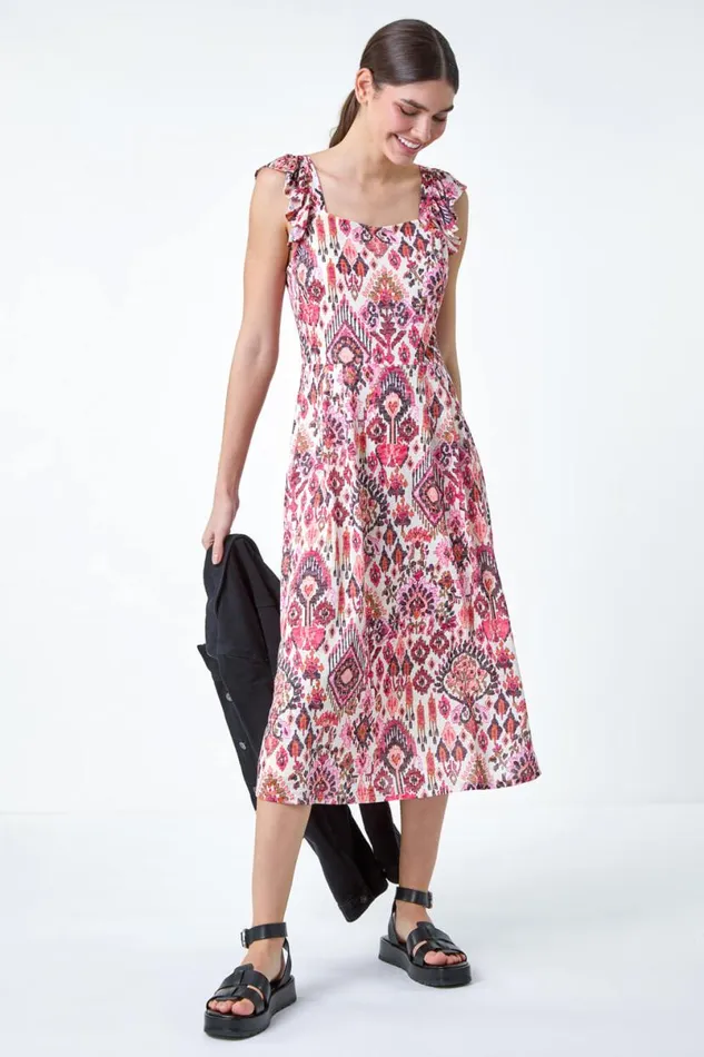 Pink Aztec Print Burnout Frill Dress Women Roman Dresses