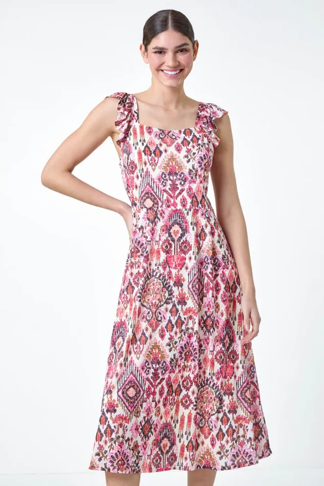 Pink Aztec Print Burnout Frill Dress Women Roman Dresses