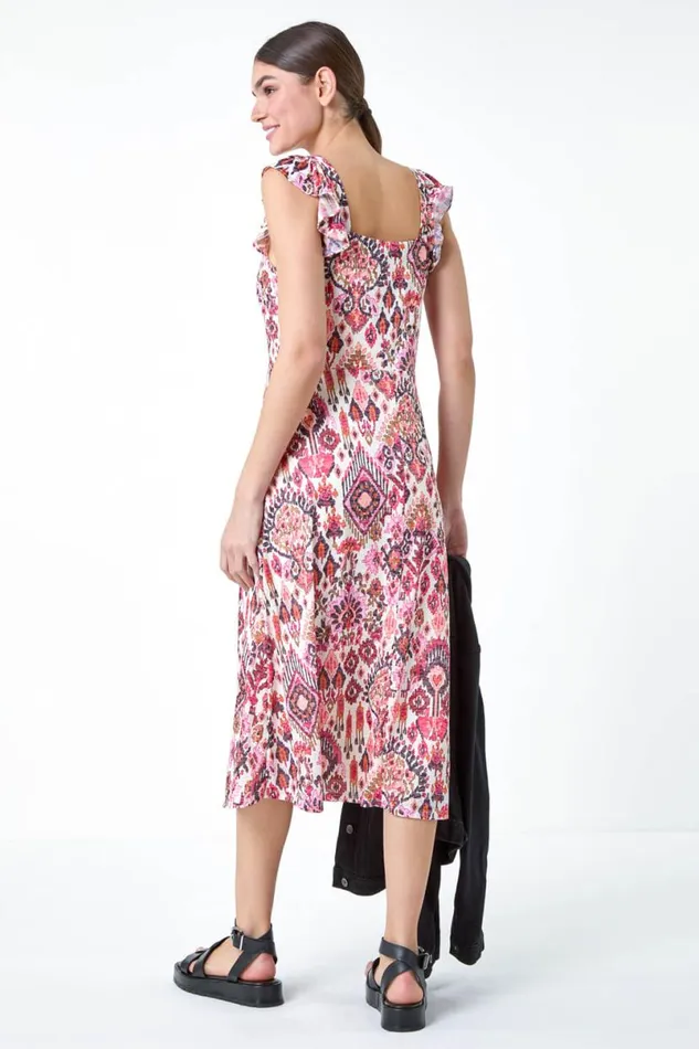 Pink Aztec Print Burnout Frill Dress Women Roman Dresses