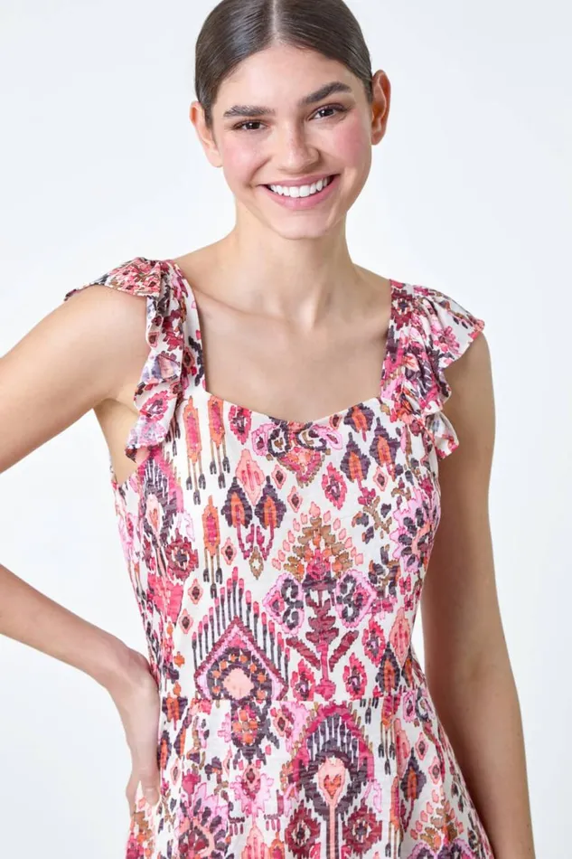 Pink Aztec Print Burnout Frill Dress Women Roman Dresses