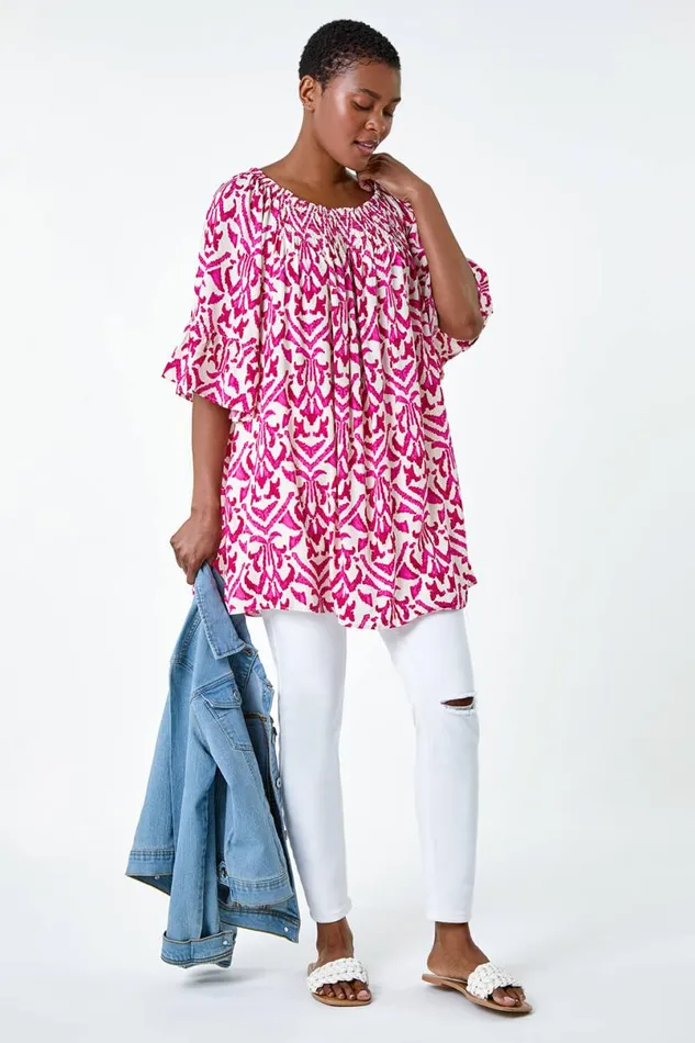 Pink Aztec Print Shirred Stretch Bardot Top Women Roman Tops