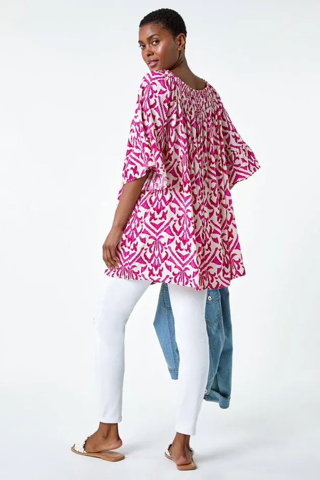 Pink Aztec Print Shirred Stretch Bardot Top Women Roman Tops