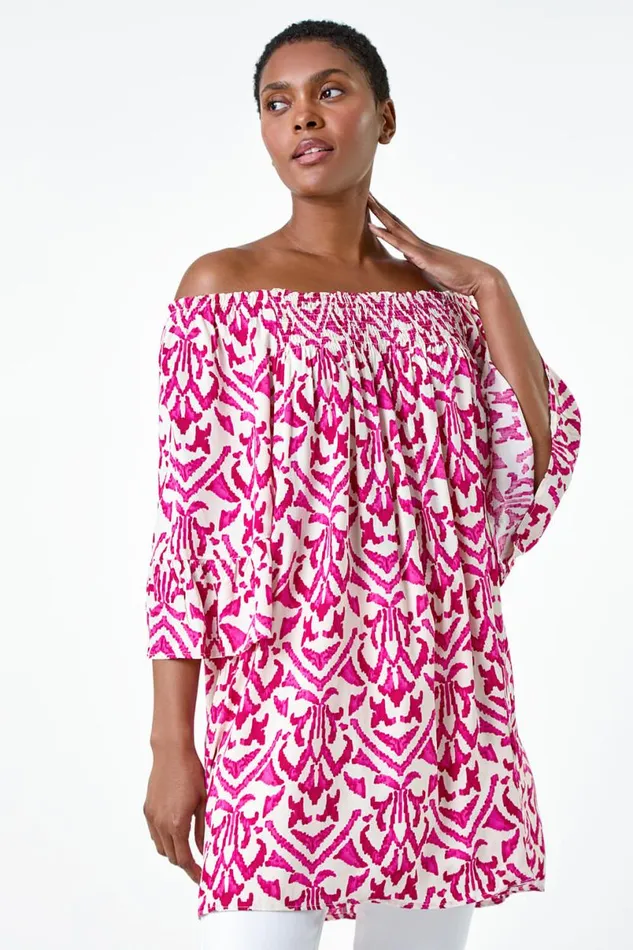 Pink Aztec Print Shirred Stretch Bardot Top Women Roman Tops