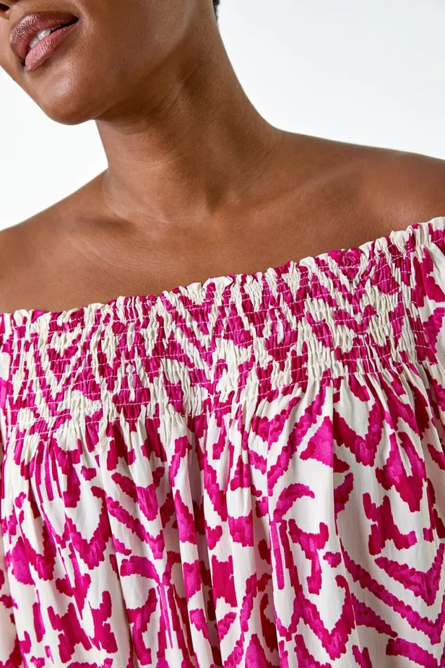 Pink Aztec Print Shirred Stretch Bardot Top Women Roman Tops
