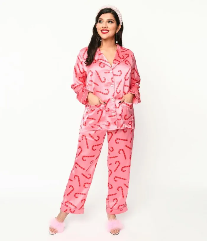 Pink Candy Cane Satin Pajama Set Accessories Unique Vintage Lingerie and Shapewear