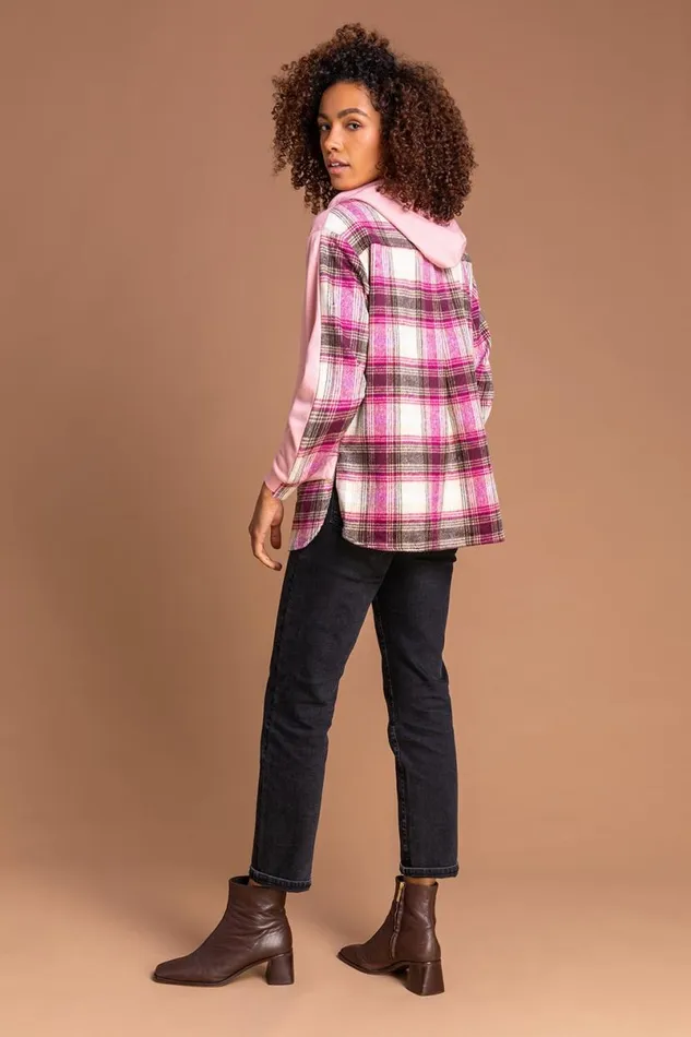 Pink Contrast Check Print Hoodie Women Roman Tops