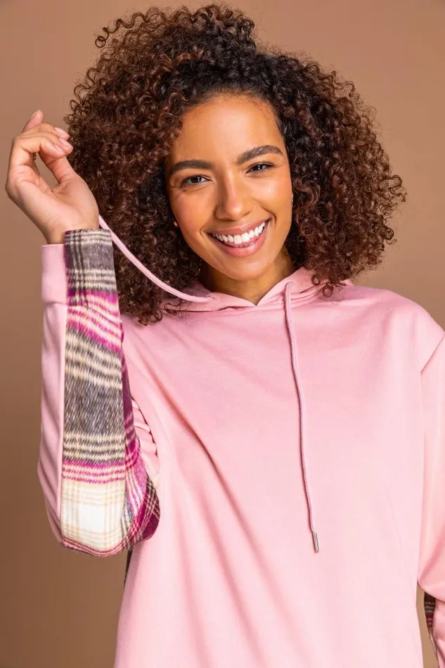 Pink Contrast Check Print Hoodie Women Roman Tops